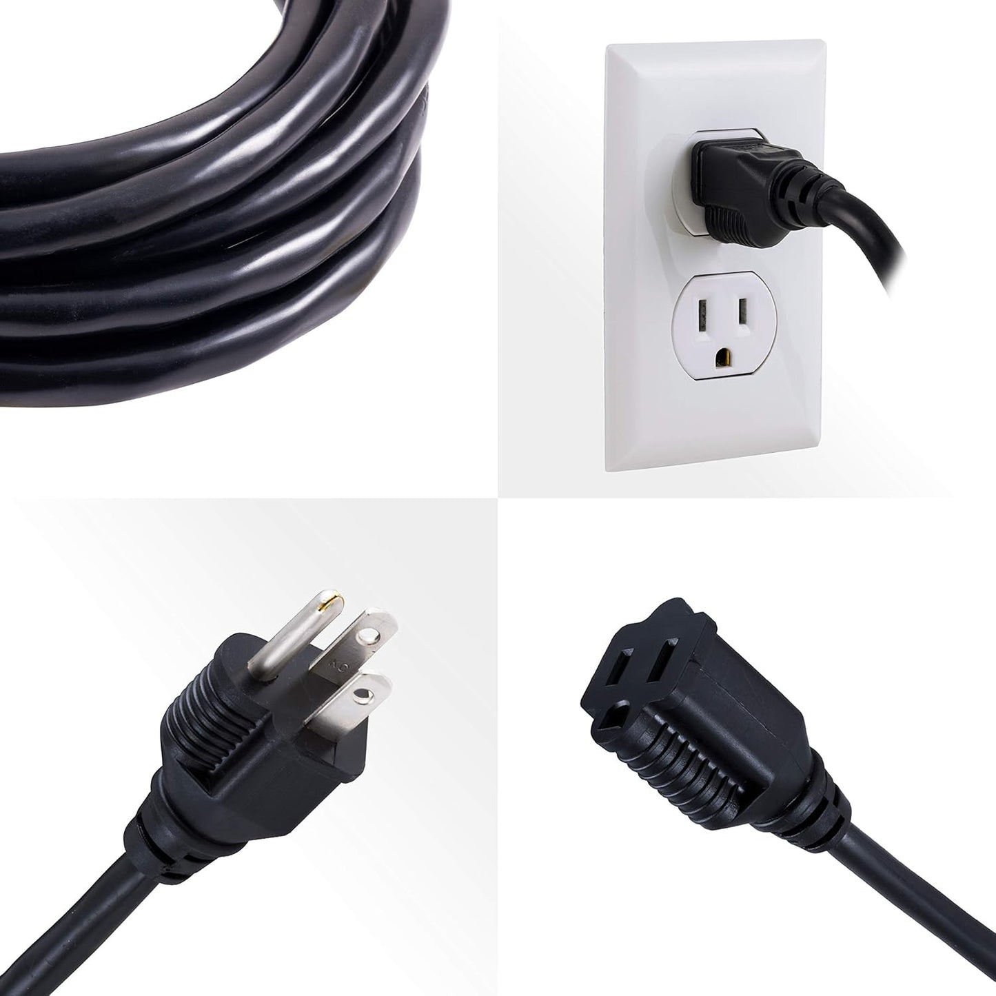Outdoor Extension Cord, 15 Ft, Heavy Duty Extension Cord, Double Insulated, Grounded, 16 Gauge, 3 Prong Extension Cords, General Purpose Long Extension Cord, UL Listed, Black, 36824